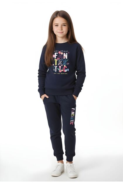 Girl's Printed-Round Neck Tracksuit Set