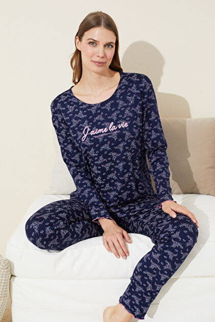 Siyah İnci Cotton Navy Blue Floral Patterned Pajama Set 24240127