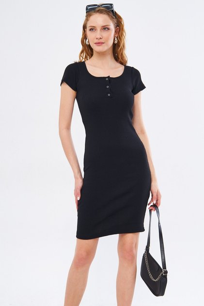 Women's Black Short Sleeve Dress with Snap Fasteners ARM-24Y133011