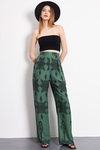 Women's Dark Green Print Wide Leg Trousers Arm-23Y 001124