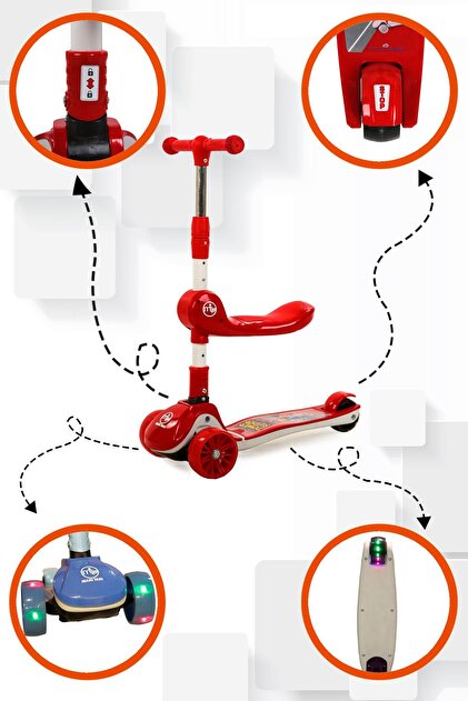 Maxi Taxi Zoomy Oturaklı Işıklı Katlanabilir Scooter Kırmızı