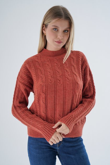 Women's Tile Oversize Half Fisherman Hair Braided Wool Special Yarn Knitwear Knitted Sweater Trist-6158