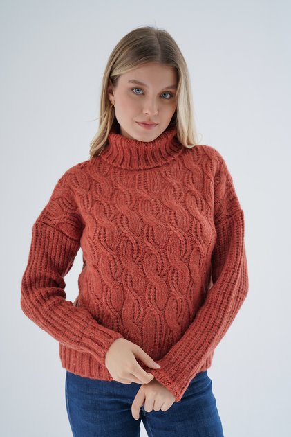Women's Tile Oversize Turtleneck Thessaloniki Hair Braided Wool Special Yarn Knitwear Knitted Sweater Trist-6163