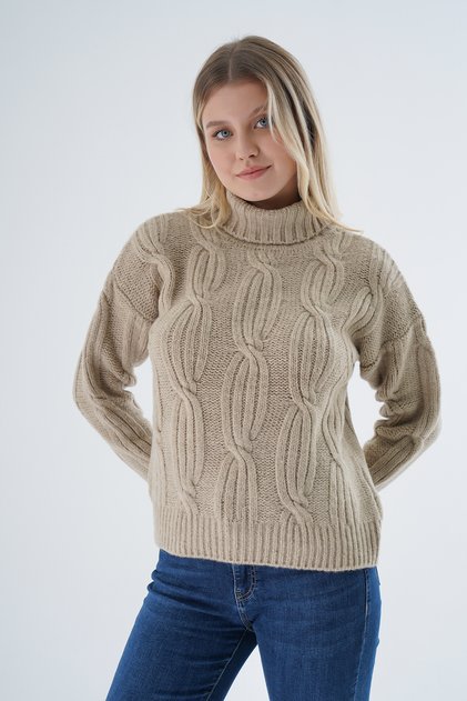 Women's Beige Oversize Turtleneck Thessaloniki Hair Braided Wool Special Yarn Knitwear Knitted Sweater Trist-6159