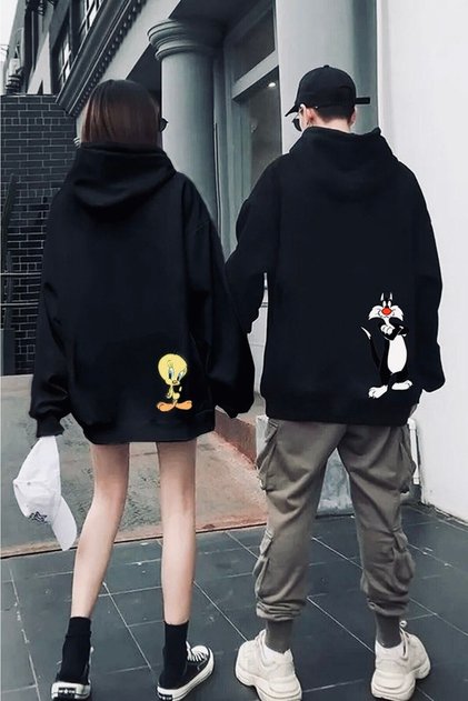 Twity and Sylvester Back Printed Hooded Lover Combination Sweatshirt, Black-white (2 pieces)
