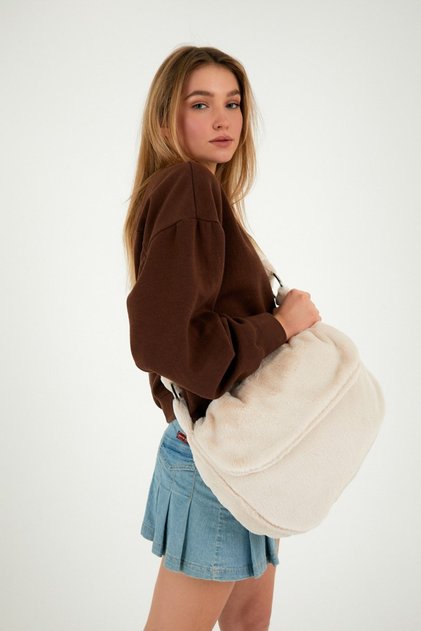Cream Toscana / Cream Color Plush Covered Postman Crossbody Shoulder School Bag