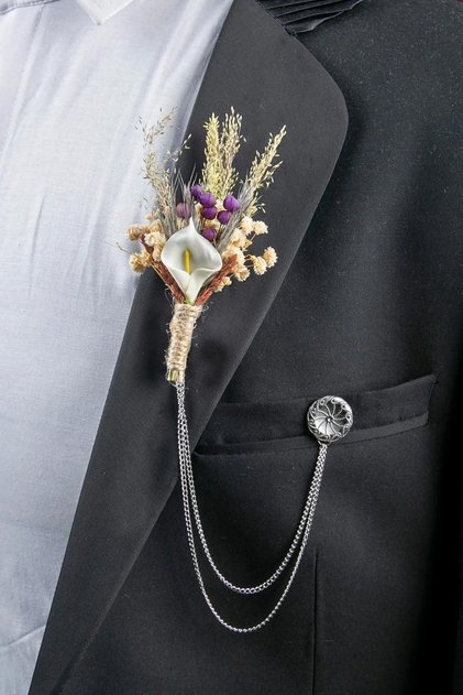 Özel Kutulu Sarı Renk Kuru Çiçek Damat Yaka Çiçeği Ve Ceket Zinciri