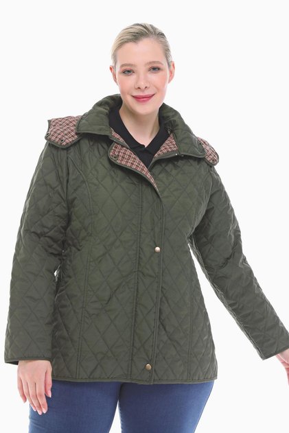 Women's Large Size Plaid 75 Cm Seasonal Khaki Quilted Coat 1024