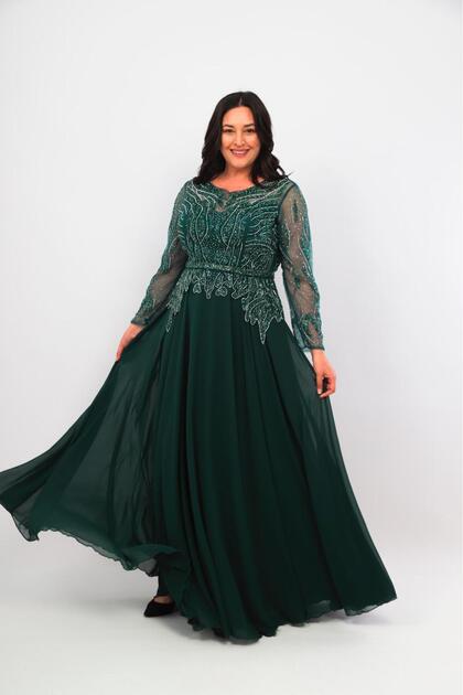 Plus Size Bead Embroidered Chiffon Long Sleeve Evening Dress