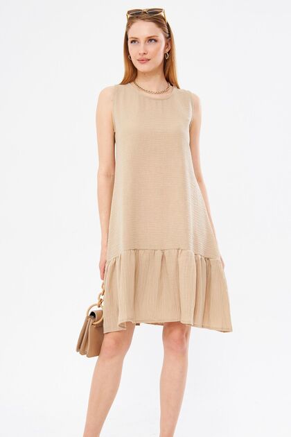 Women's Beige Linen Look Textured Sleeveless Skirt Ruffle Dress ARM-23Y001128