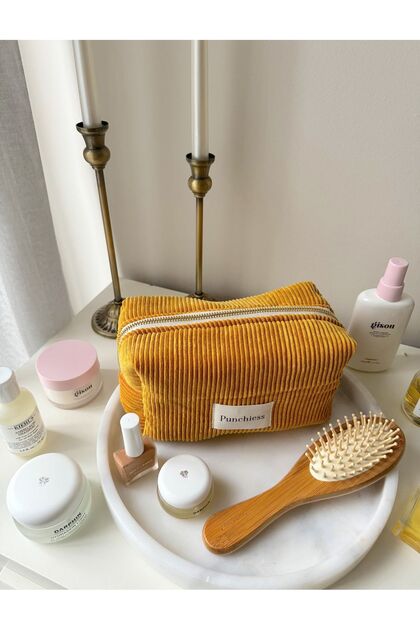 Mustard Velvet Makeup Bag