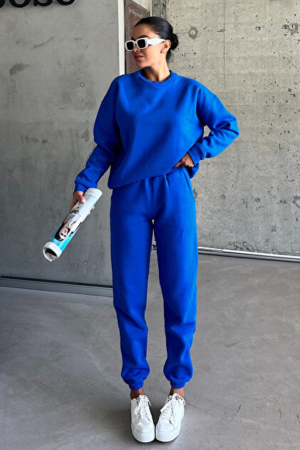 Unisex Sax Mavi Bisiklet Yaka Düz Oversize Alt-Üst Eşofman Takımı