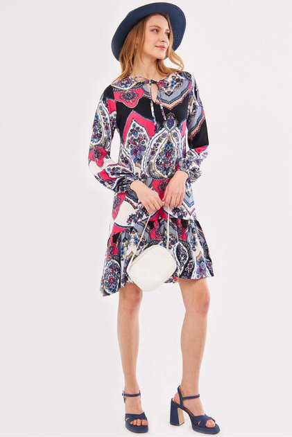 Women's Fuchsia Patterned Collar Tie Skirt Ruffle Long Sleeve Dress ARM-24Y001003