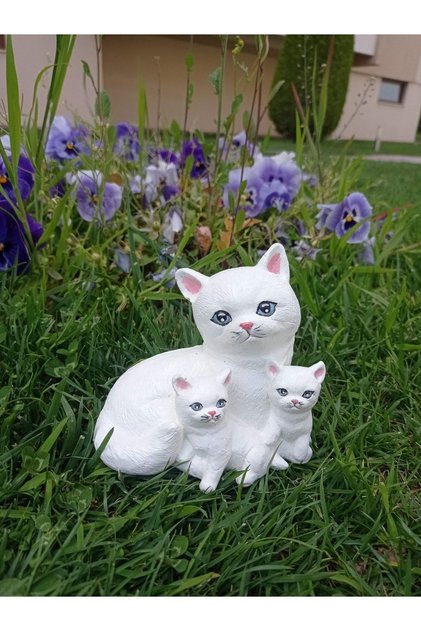 Kedi Ailesi Biblo, Anne Ve Yavru Kediler Heykeli, Beyaz Mavi Gözlü Kedi Heykeli, Alçı Heykel