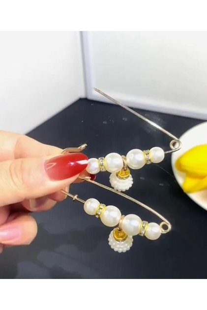 Taşlı Ve incili iğneli Broş, Sarı Metal Renginde 6 Cm