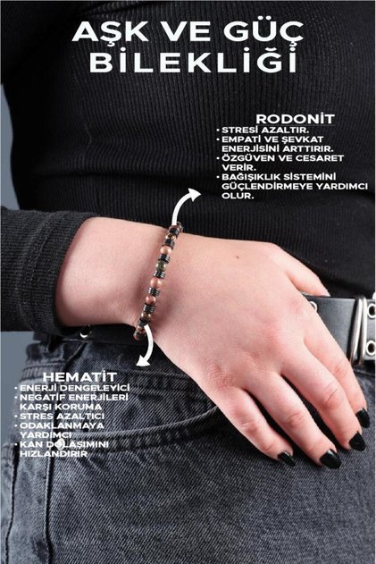 Love and Power Bracelet - with Rhodonite and Hematite Stones, Spiritual Balance and Energizing Combination