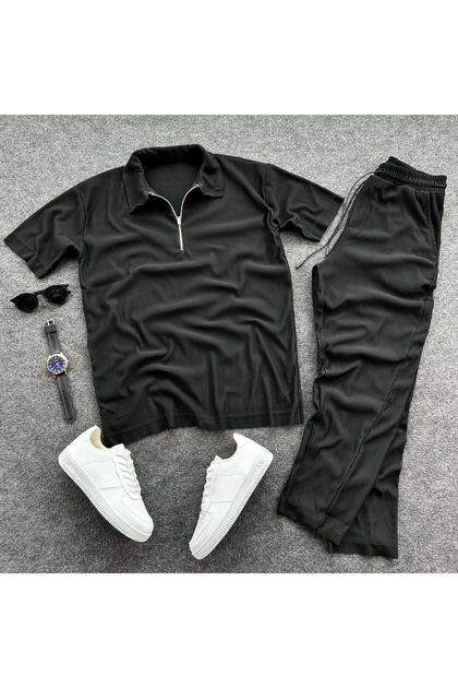 Lycra Ribbed Polo T-Shirt and Baggy Pants Set - Set of 2