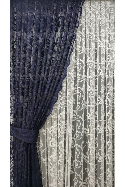 Tulle Background Curtain 2 Wings Tulle Background Curtain Lace-Up Model Ivy Pattern Dark Navy Blue