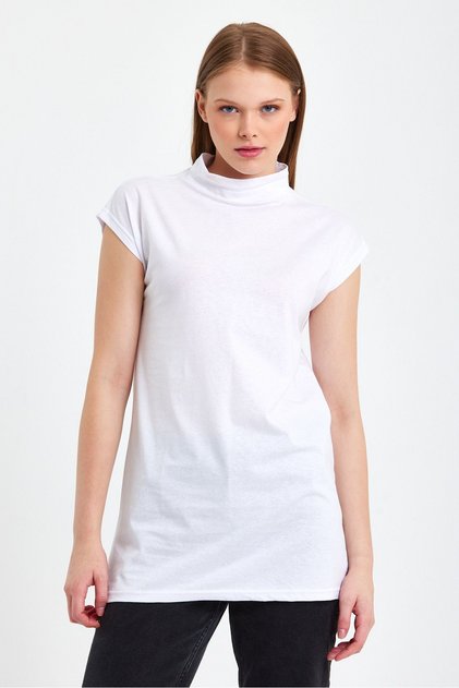 Women's Stand Collar Sleeveless Knitted Cotton Tunic White
