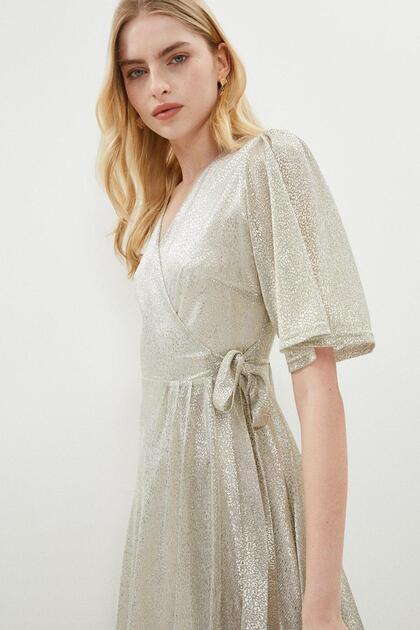 Metallic Angel Sleeves Midi Dress