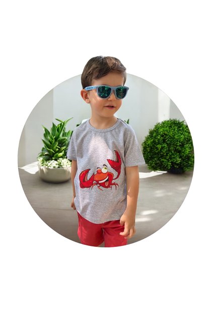 Grey Cotton Jersey Short-Sleeve T-Shirt with Red Crab Print for Boys and Girls