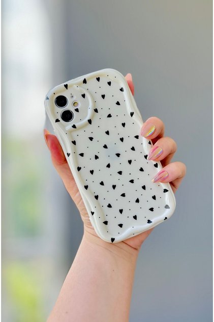 iPhone 11 Black Heart Patterned Ecru Case