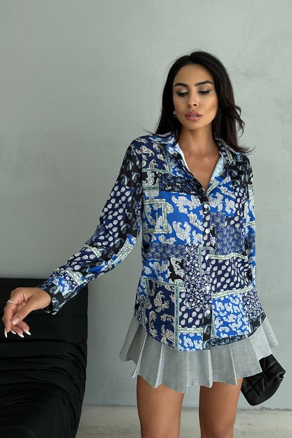 Navy Blue Ethnic Pattern Satin Shirt