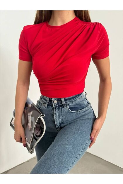 Pleat Detailed Short Sleeve Gathered Crop
