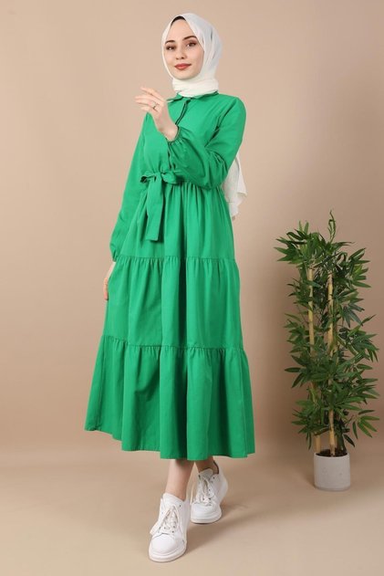 Standard Collar Buttoned Dress Green