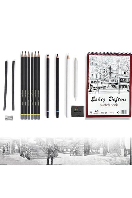 Art Tone Eskiz Seti Karakalem Çizim Seti 14 Parça - Dereceli Kalem