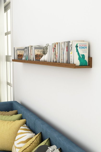 Açık Ceviz Tekli 120 cm Çam 15 cm Derinlik Büyük Resim Çerçeve Rafı Duvar Kitaplık Uçan Raf