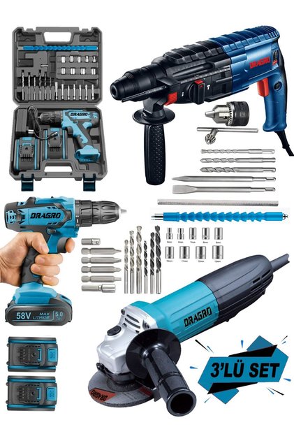 3 Lü Set 3000 W Taşlama-4200 W Kırıcı Delici Hilti-58 V Setli Şarjlı Matkap