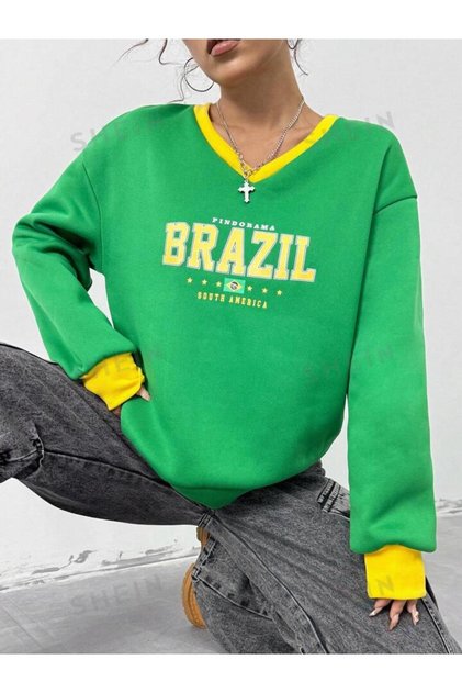 Unisex Brazil Printed V-Neck Sleeves and Collar Yellow Cuff Oversize Winter Sweatshirt Hoodie