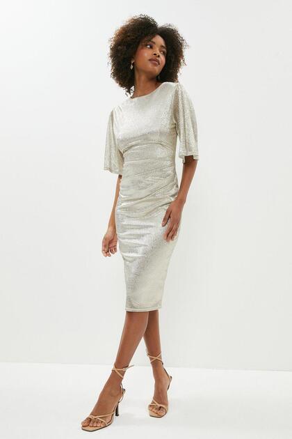Metallic Angel Sleeve Ruffle Waist Dress