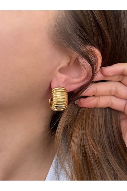 Striped Patterned Thick Curved Half Hoop Steel Earrings - Gold