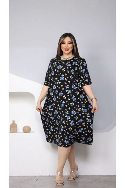 WOMEN'S BLACK BLUE FLOWERED TWO POCKET MIDI DRESS