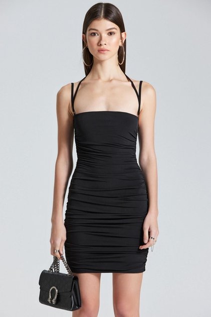 2420 Gathered Front Rope Detailed Black Dress
