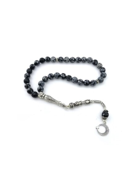 Certified Obsidian 33 Pieces Natural Stone Prayer Beads (Silver Parts Moon Star Design) 8 Mm