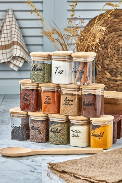 ŞAKİLATA CONCEPT Etiketli 12'li Ahşap Kapaklı Mika Baharat Seti