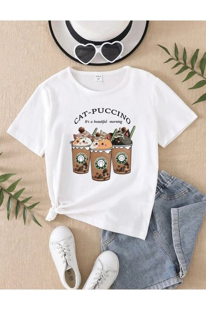 White Cat Puccino Printed Children's T-shirt