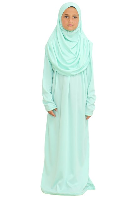 Two Pieces Kids Prayer Dress Set Suit with Scarf, Islamic Clothing Suit for Girls - Mint Green