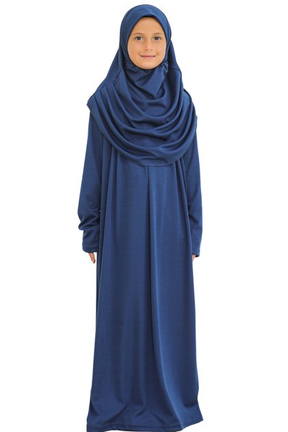 Two Pieces Kids Prayer Dress Set Suit with Scarf, Islamic Clothing Suit for Girls - Navy Blue