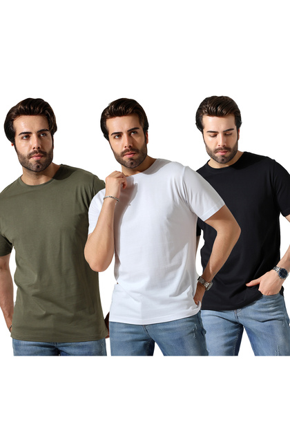 Men's 3-Pack Comfort Fit 100% Cotton Combed Cotton Compact T-Shirt 31751 Black-White-Khaki