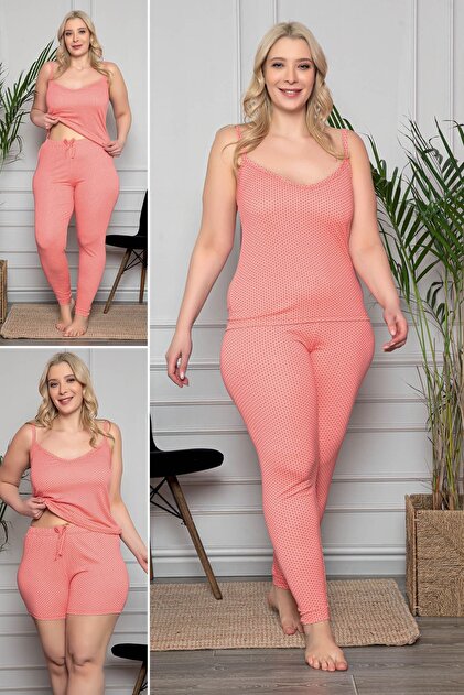 Large Size Pink Pajama Set with Tank Top, Shorts and Tights Set of 3 80009