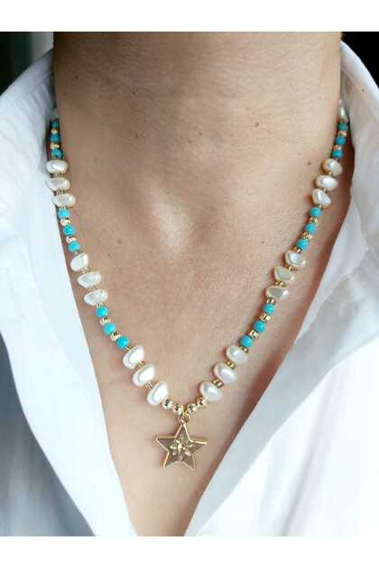 Blue Natural Stone Pearl Necklace with Star Tip