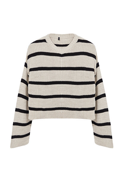 Trendyolmilla Krem Crop Geniş Kalıp Basic Çizgili Triko Kazak