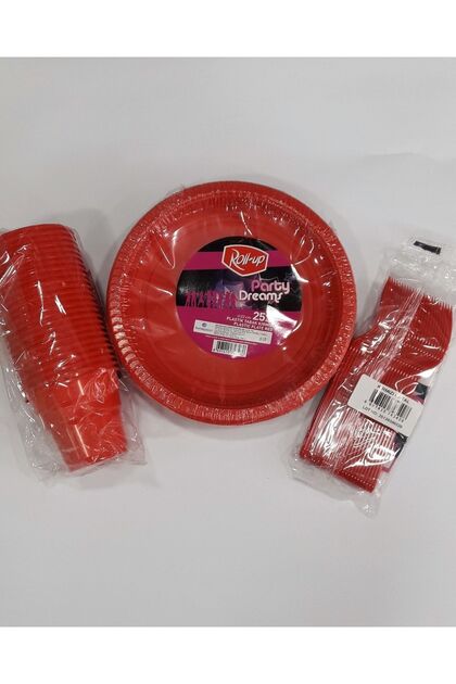 Plastik Tabak - Bardak - Çatal Set Kırmızı
