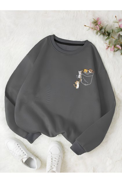 Kadın Renkli Cat Özel Göğüs Baskılı Oversize Bisiklet Yaka Sweatshirt