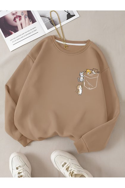 Kadın Renkli Cat Özel Göğüs Baskılı Oversize Bisiklet Yaka Sweatshirt