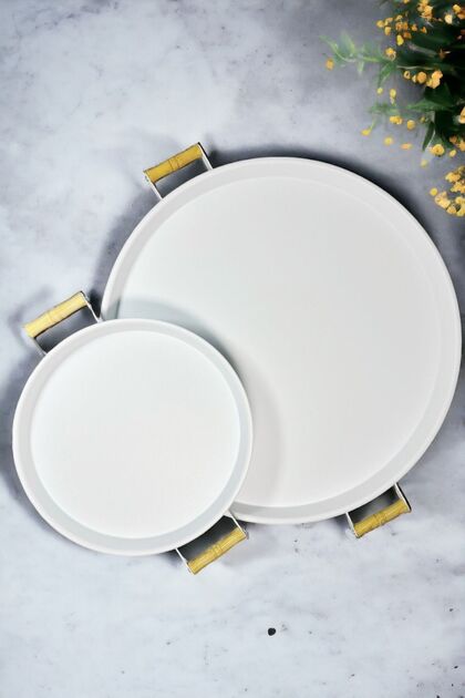 2 Piece Wooden Handle 51 cm Metal Tray and 30 cm White Tray Tea Coffee Presentation Tray